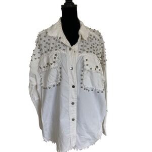 Elam‎ White Studded Denim Shacket Oversized Frayed Button Down Jacket DE8134 M
